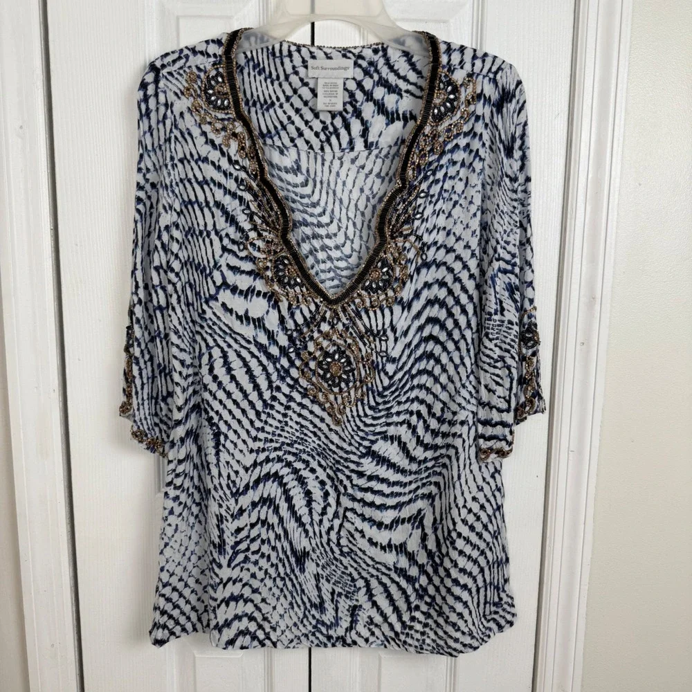 Soft Surroundings S Beaded Boho V neck Tunic‎ Blue White Embellished Resort